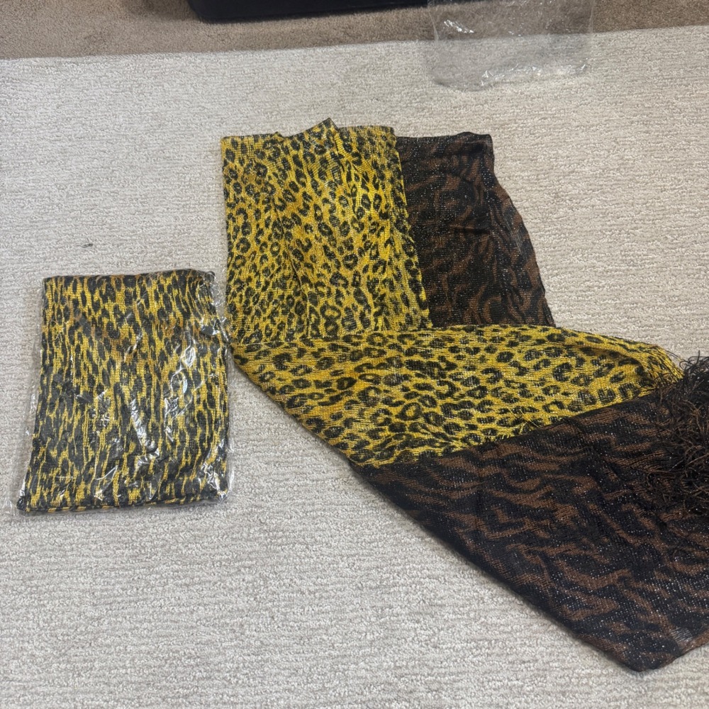 Lot of 3 Sparkly Animal Print Scarves Leopard Tiger Metallic Shimmer Fringe